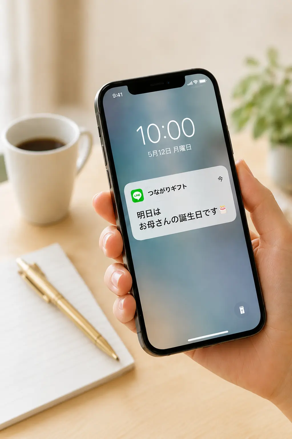 スマホに「明日はお母さんの誕生日です」とLINE通知が届いている様子