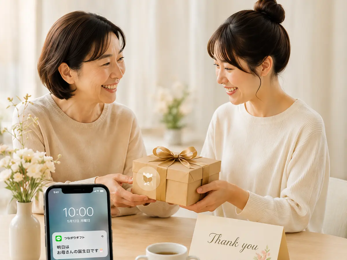 贈り物を手渡して感謝を伝える二人と「Thank you」のカード