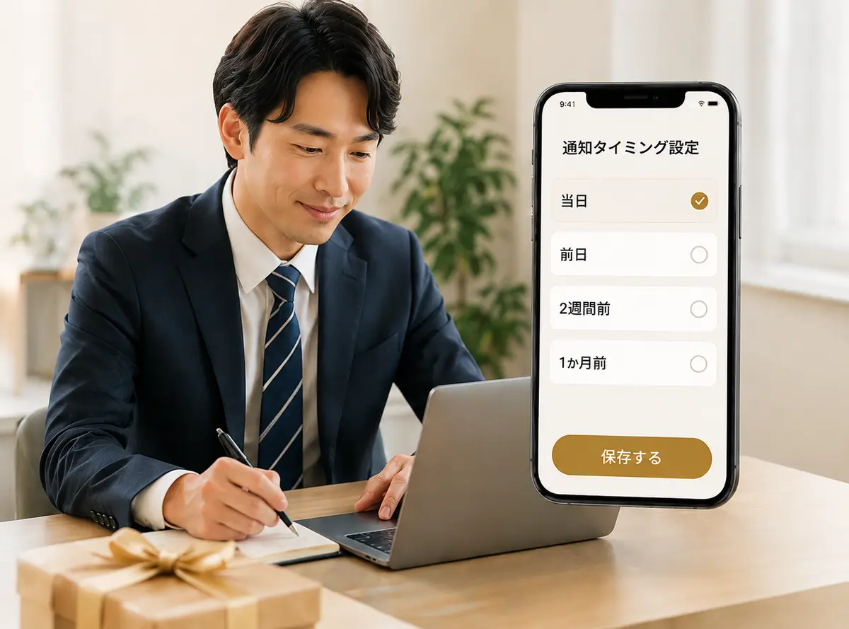 ビジネスパーソンがアプリで通知タイミング（当日・前日・2週間前・1か月前）を設定している様子